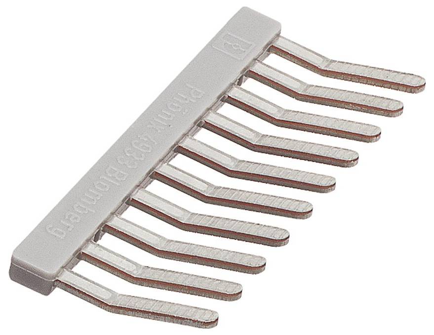 Une barre omnibus grise et plate avec neuf broches métalliques s'étendant d'un côté, utilisée pour les connexions électriques dans les disjoncteurs ou les blocs de bornes.