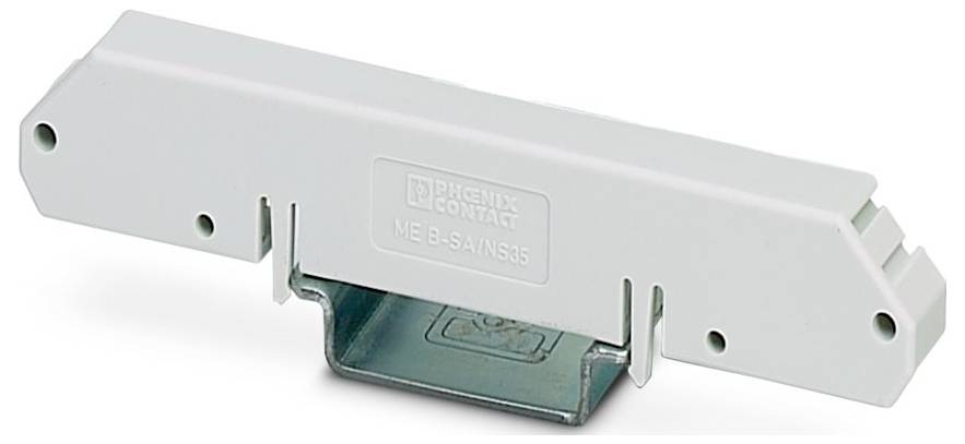 Un support d'extrémité blanc Phoenix Contact avec une base métallique, utilisé pour sécuriser les blocs de bornes sur un rail DIN dans les installations électriques.