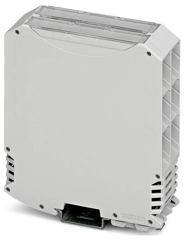 Un boîtier électronique blanc, rectangulaire, avec des côtés ventilés et un sommet transparent, utilisé pour loger des composants ou des modules électriques.