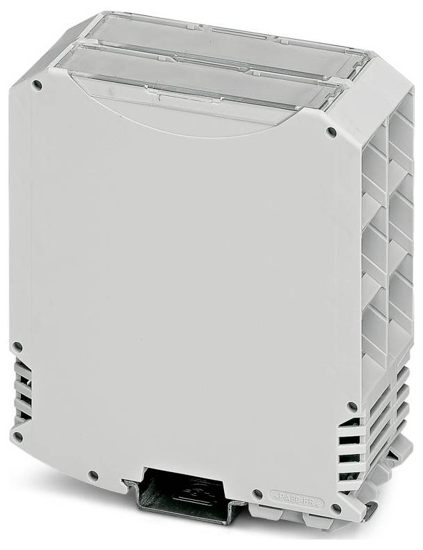 Un module électronique rectangulaire de couleur grise avec des fentes de ventilation et une base de montage, utilisé pour l'automatisation industrielle ou les systèmes de contrôle.