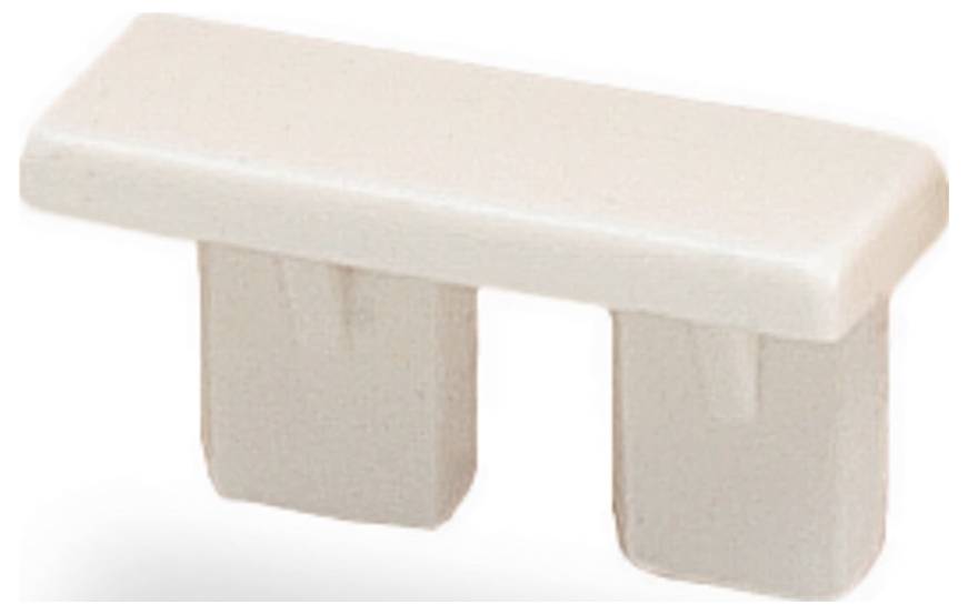 Un petit capuchon en plastique de forme rectangulaire avec deux broches dessous, probablement utilisé comme couvercle de protection pour un connecteur ou une fente.