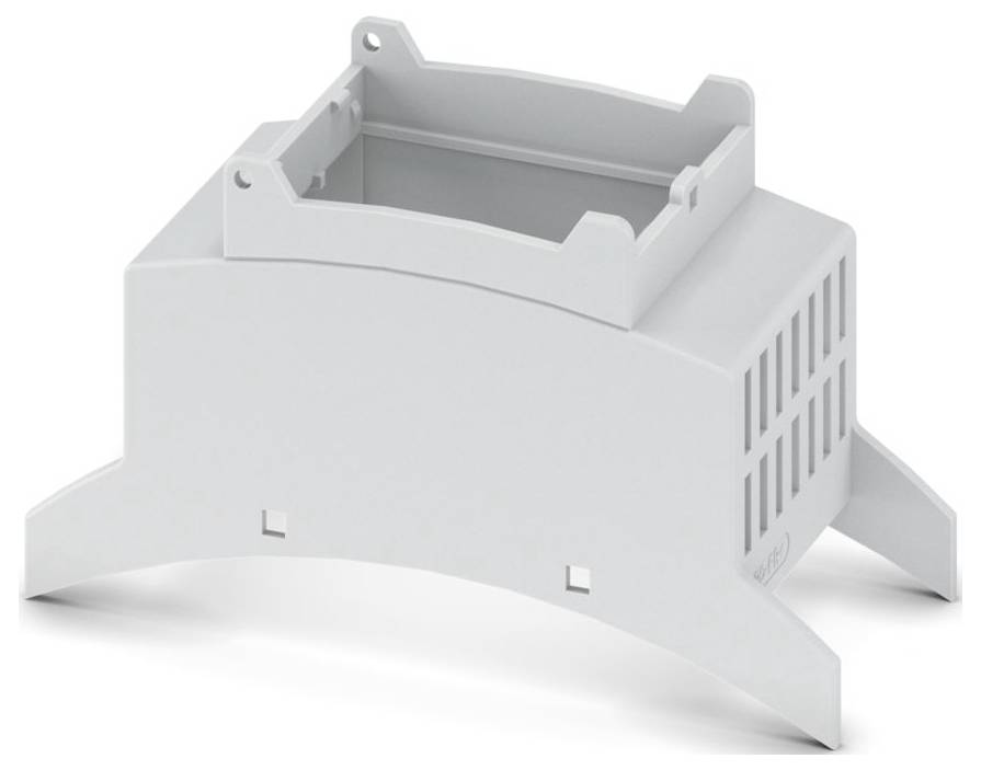 Un support en plastique gris avec une ouverture rectangulaire et un côté aéré, soutenu par quatre pieds courbés.