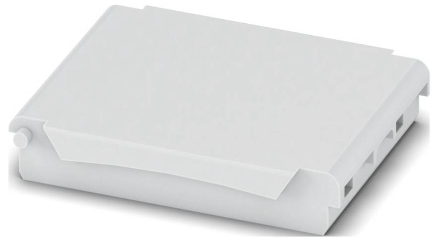 Un boîtier de batterie en plastique blanc avec un dessus plat et des bords arrondis, conçu pour loger et protéger les batteries.