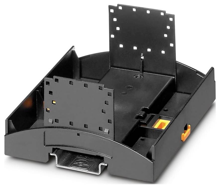 Un support de montage électronique noir avec des sections ajustables et des loquets orange, probablement utilisé pour maintenir fermement une carte de circuit imprimé ou un appareil similaire.