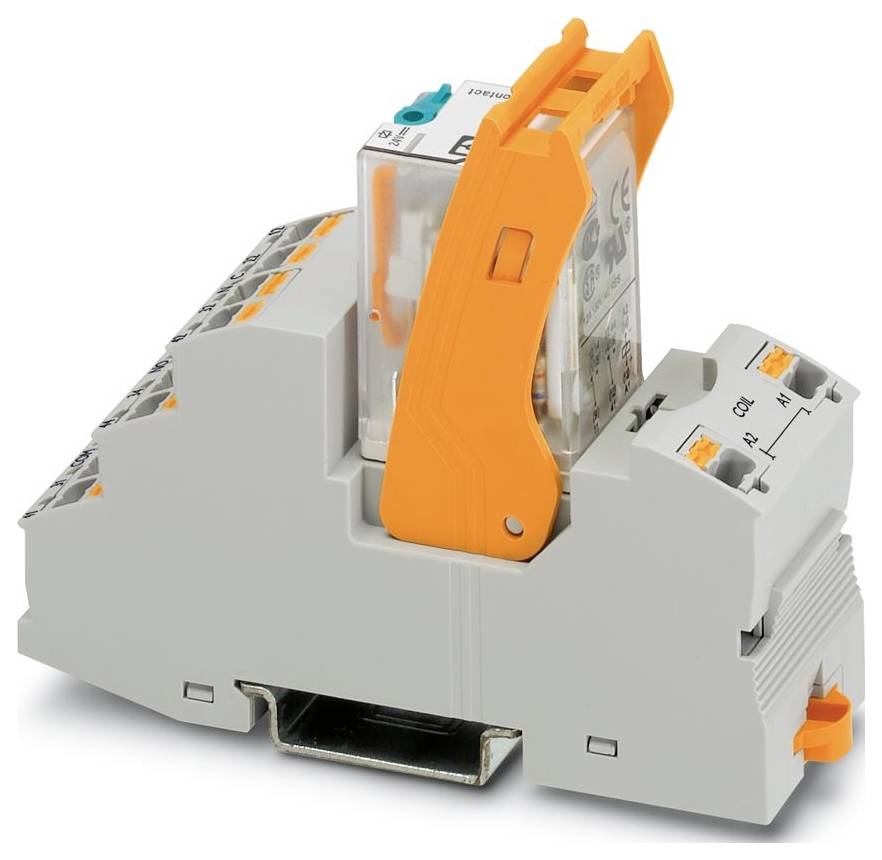 Un bloc de terminaison avec un levier orange et un module de relais attaché, utilisé pour les connexions électriques et la gestion des circuits.