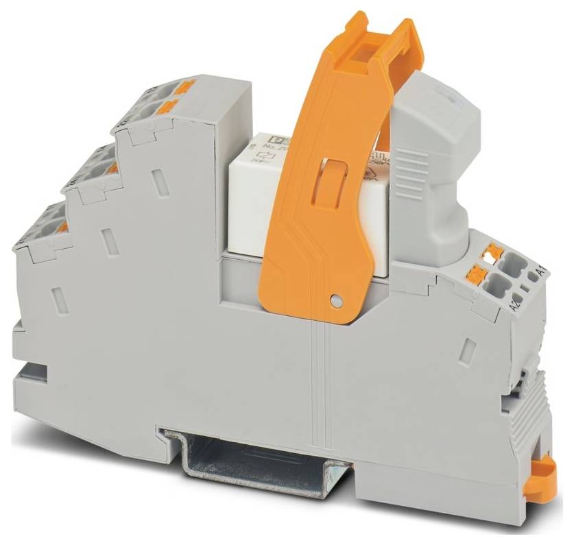 Un relais électrique gris avec un levier orange, comportant plusieurs points de connexion, adapté aux applications de circuits automatisés.