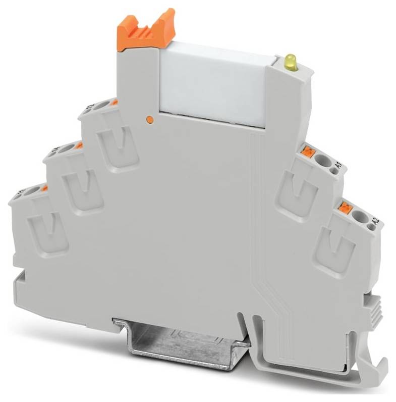 Un bloc de bornes électriques gris avec plusieurs points de connexion et des leviers orange, conçu pour fixer et connecter les fils dans les circuits.
