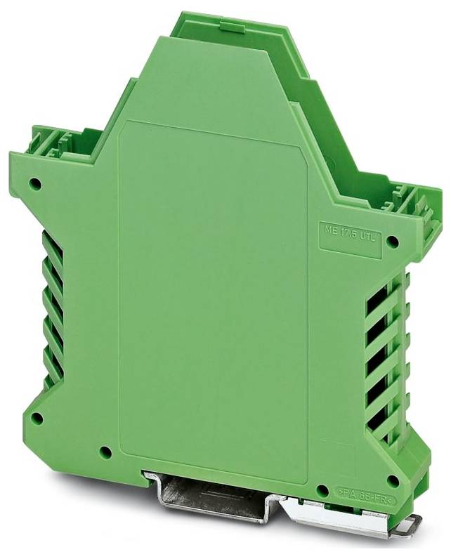 Un boîtier de borne électrique vert avec un profil triangulaire et plusieurs points de connexion, utilisé dans les armoires électriques.