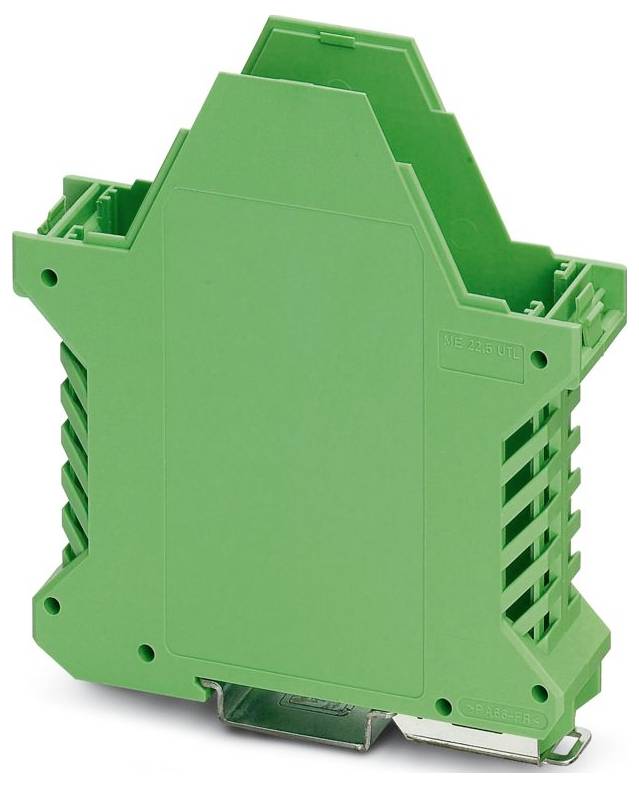 Un bloc de bornes vert montable sur rail DIN, conçu pour connecter les câbles électriques de manière sécurisée, avec un boîtier en plastique robuste.