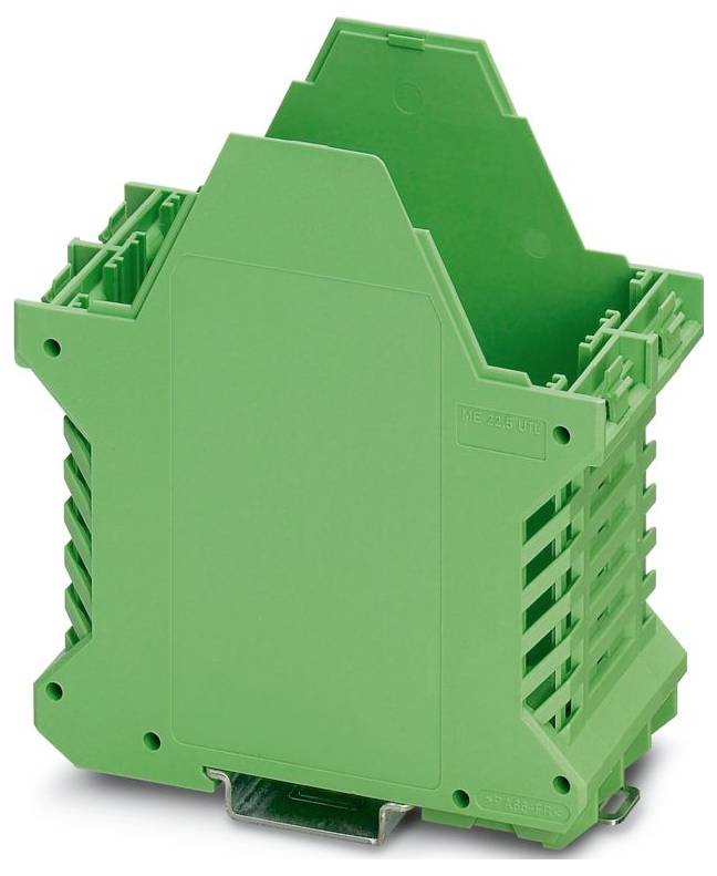 Un boîtier électrique en plastique vert avec un design modulaire, approprié pour un montage sur rail DIN, souvent utilisé dans les applications industrielles.