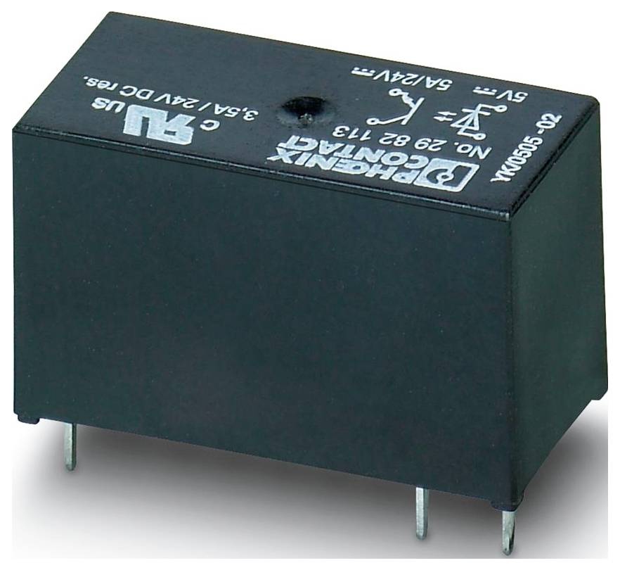 A black rectangular electronic relay with metal pins, labeled '5V', '8A 250VAC', and 'CHINA'. Model number and branding visible on top.