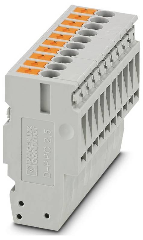 A gray and orange terminal block with multiple connection points for securing electrical wires. Model 'D-PPC 2.5' by Phoenix Contact.