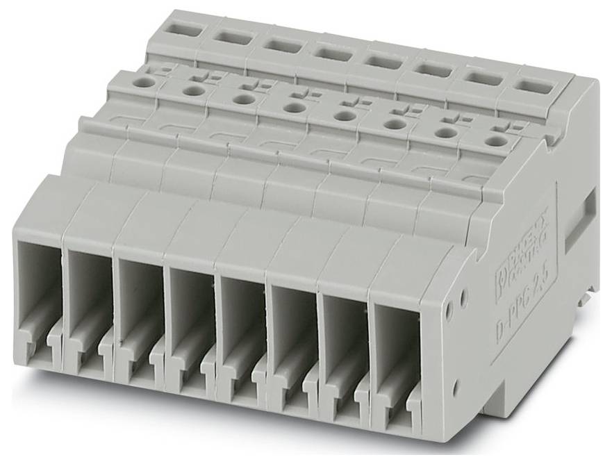 A gray Phoenix Contact plug-in terminal block with eight connection slots, designed for secure electrical wiring in industrial applications.