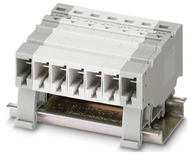 Un connecteur électrique à cinq bornes monté sur un rail métallique, utilisé pour les systèmes de câblage industriels ou électroniques.