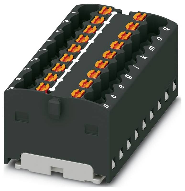 Un composant électronique noir avec plusieurs rangées de connecteurs orange et des ports étiquetés pour les connexions électriques.