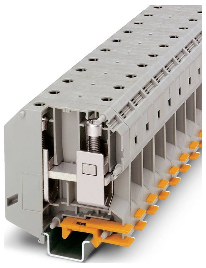 Une rangée de blocs de bornes électriques modulaires gris avec des leviers de couleur orange, conçus pour connecter et organiser le câblage dans les tableaux.
