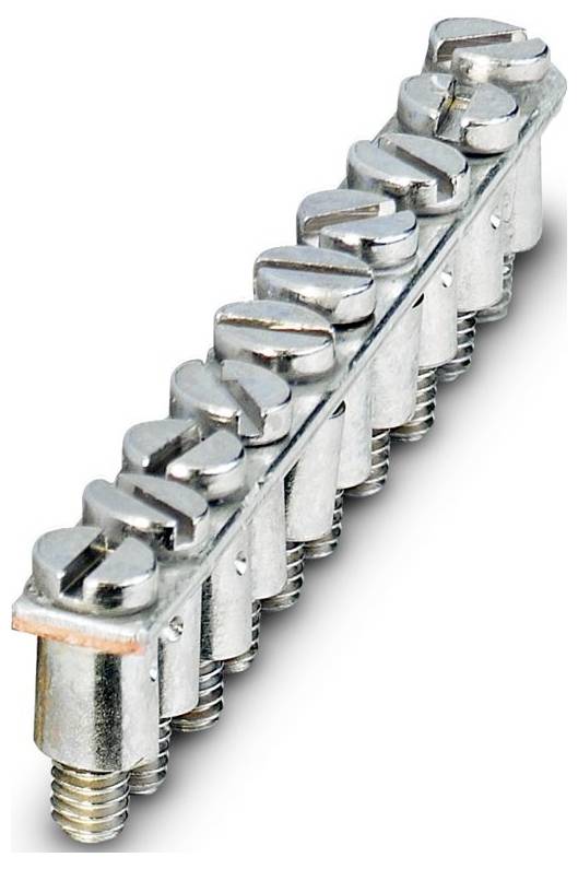 Une barre de mise à la terre métallique avec plusieurs vis, vue en angle, généralement utilisée pour les connexions électriques.