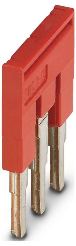 Un cavalier de bloc de connexion en plastique rouge avec trois broches métalliques, utilisé pour connecter des circuits électriques ou des composants.