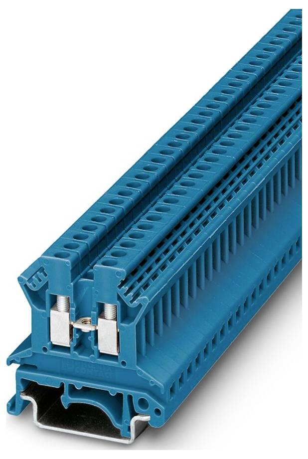 Un bloc de bornes électriques bleu avec plusieurs points de connexion. Il est conçu pour sécuriser et organiser les connexions électriques dans les tableaux.