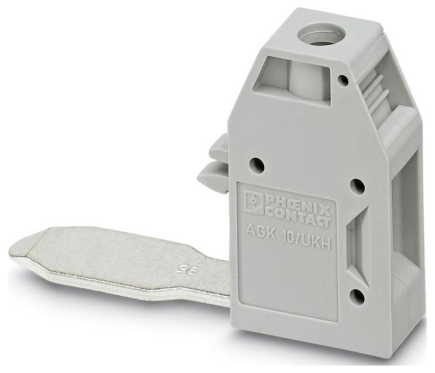 Un bloc de bornes en plastique gris de Phoenix Contact, modèle AGK 10/UKH, équipé de plusieurs fentes et d'une pince de montage en métal.