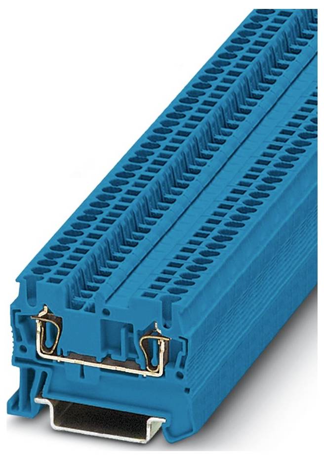 Blue terminal block with metal connectors on a rail, used for electrical connections in industrial settings.