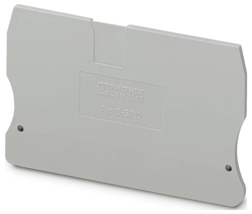 A gray plastic end cover for a terminal block is shown, featuring the brand 'Phoenix Contact' and model 'Typ D-ST10' embossed on its surface.