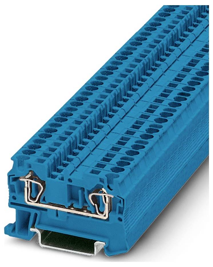 Un bloc de bornes bleu avec des rangées doubles de points de connexion, utilisé pour le câblage électrique ; doté de pinces d'insertion métalliques aux deux extrémités.