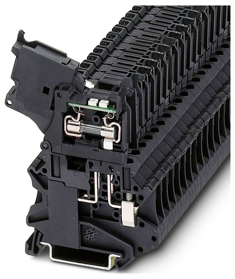 Une pile de blocs de bornes modulaires noirs avec une vue en coupe, montrant les connexions en cuivre internes. Utilisés pour l'organisation du câblage dans les systèmes électriques.