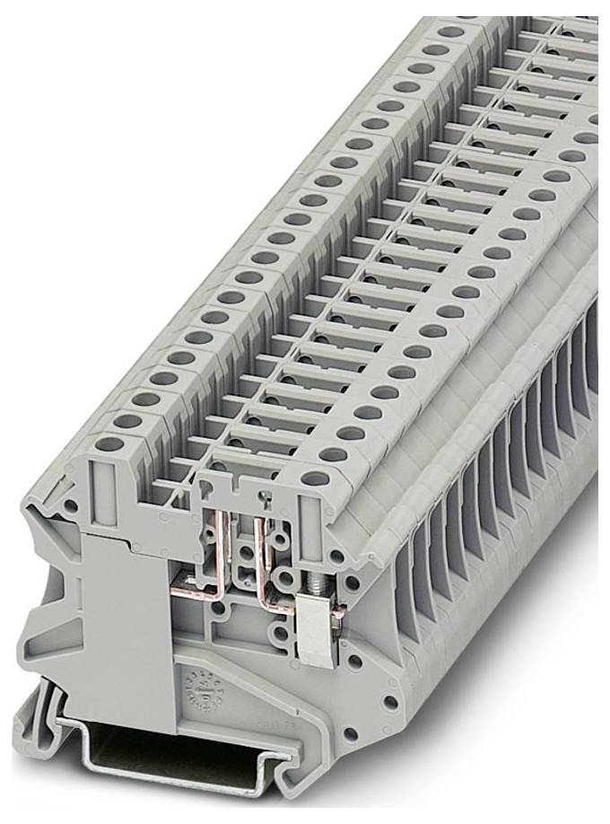 Un bloc de bornes gris avec plusieurs points de connexion pour le câblage électrique. Il présente un boîtier de protection et des chemins conducteurs.