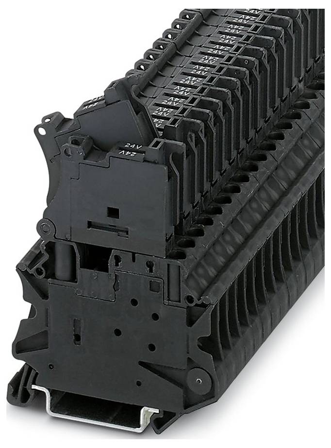 A stack of black terminal blocks used in electrical or electronic applications, featuring multiple connection points and compact design.