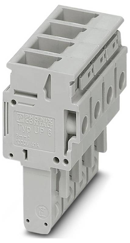 Un bloc de bornes Phoenix Contact gris, modèle TYP UP 6, d'une largeur de 6 mm, avec une tension nominale de 1000V et 41A, équipé de multiples connecteurs pour le câblage électrique.