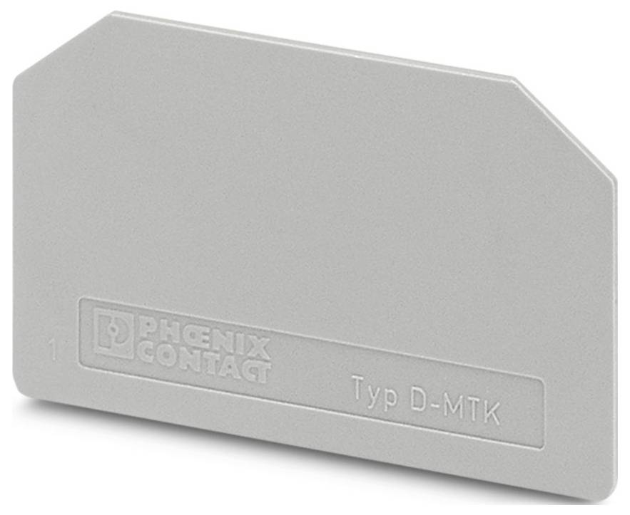 Un capot d'extrémité de bloc de bornes Phoenix Contact gris avec le texte gravé « Typ D-MTK », utilisé pour protéger et isoler les connexions électriques.