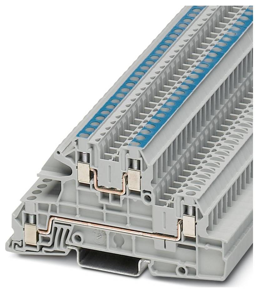 Un bloc de bornes électriques gris avec plusieurs points de connexion, présentant des bandes de marquage bleu sur le dessus, conçu pour une gestion efficace des câbles.