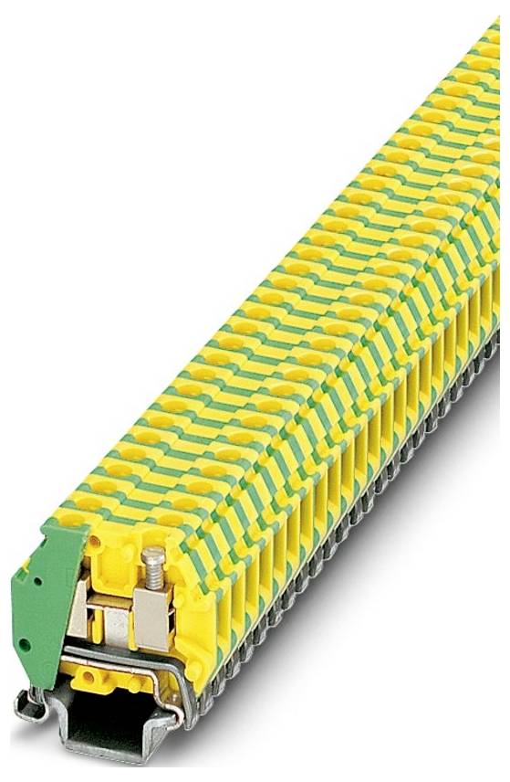 Une pile de blocs de bornes jaunes et verts rayés, inclinés vers la droite, montrant un design d'emboîtement et des connexions métalliques à l'extrémité.