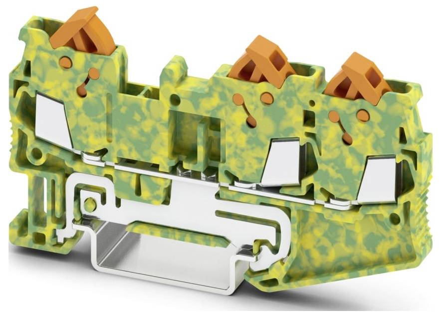 Un bloc de bornes modulaire bleu avec plusieurs connecteurs et des marquages orange, utilisé pour la gestion du câblage électrique dans les tableaux de commande.