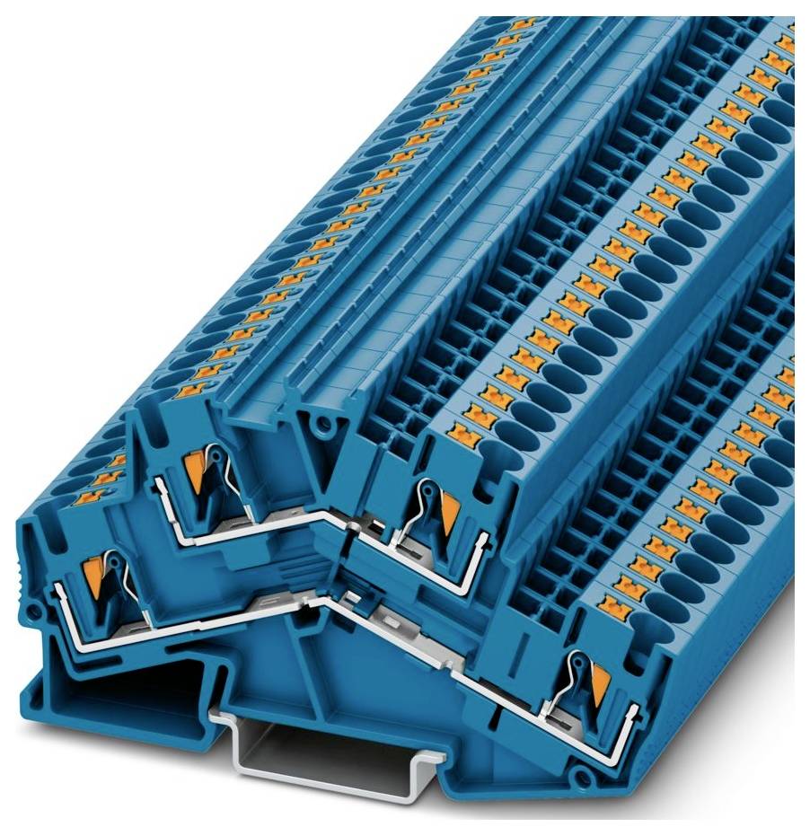 Pile de blocs de bornes électriques bleus avec des leviers orange, utilisés pour connecter les fils dans les installations électriques.