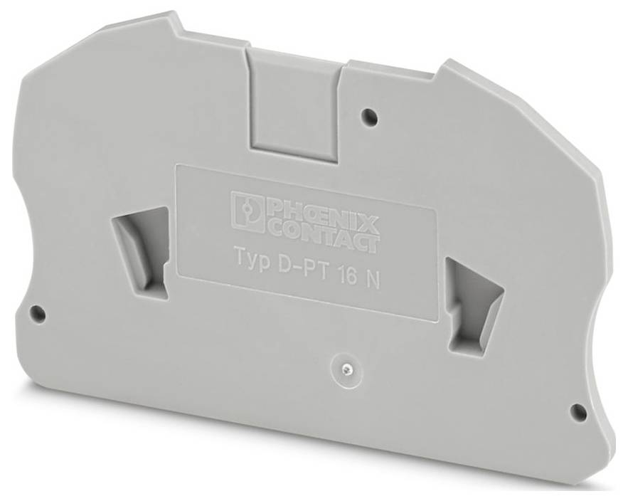 Couvercle en plastique gris de marque « Phoenix Contact » étiqueté « Typ D-PT 16 N », équipé de fentes de montage pour une fixation sécurisée.