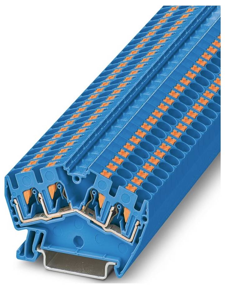 Gros plan d'un bloc de bornes modulaire bleu et orange avec connecteurs, montrant le câblage interne et la structure pour une utilisation en génie électrique.