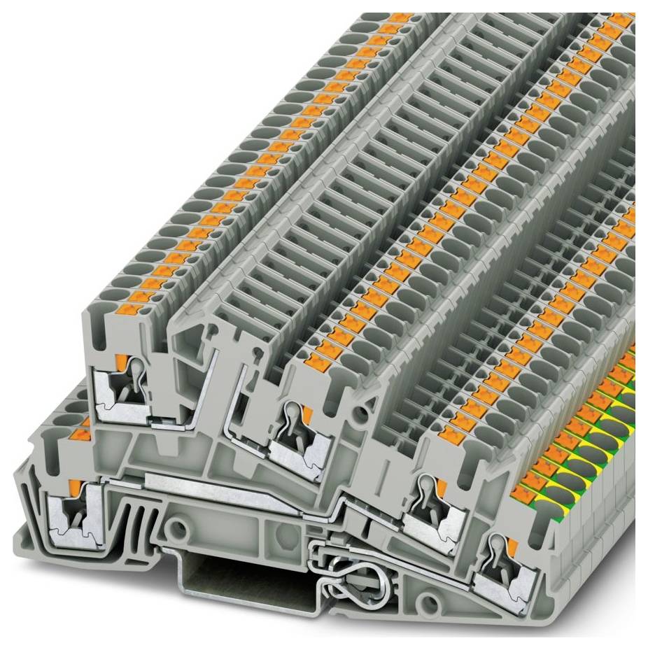 Bloc de jonction multi-niveaux avec connecteurs à levier orange pour câblage électrique. Utilisé pour des connexions compactes et organisées dans les panneaux de commande.