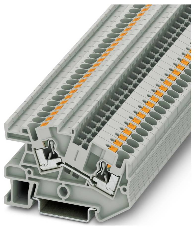 Un gros plan d'un bloc de bornes gris avec des accents orange utilisé pour les connexions électriques, montrant sa structure et ses détails de conception.