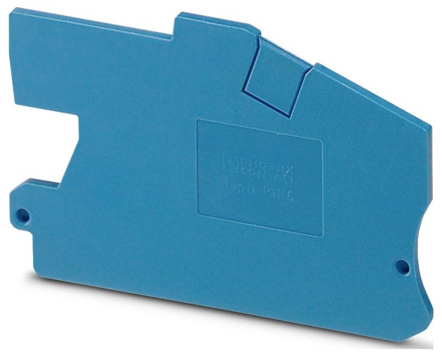 Une plaque de verrouillage bleue pour blocs de bornes, présentant une indentation rectangulaire. Elle est utilisée pour sécuriser les composants dans les assemblages électriques.