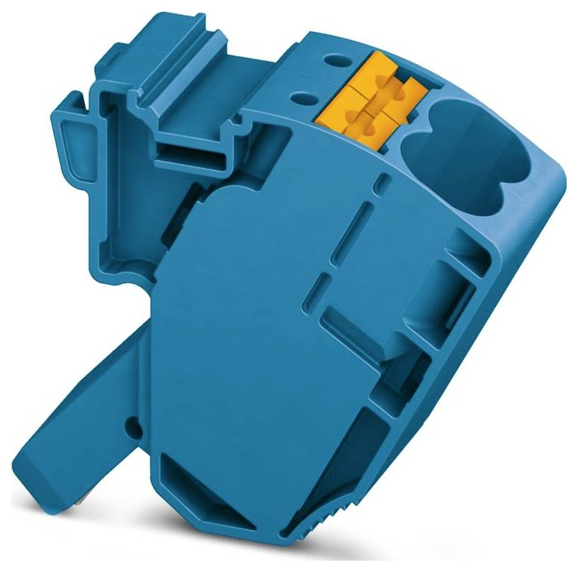 Un composant industriel bleu et orange avec des rainures et des fentes, possiblement une partie d'un système mécanique plus grand.