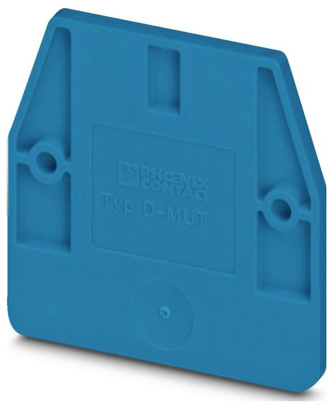 Une plaque en plastique bleu étiquetée « PHOENIX CONTACT Typ D-MUT », conçue avec des trous de montage, probablement utilisée à des fins électriques ou techniques.