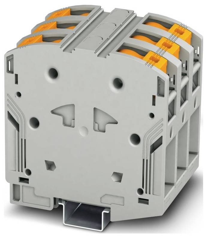 Un bloc de connecteurs électriques gris et orange avec plusieurs points de connexion, montré de côté, utilisé dans des assemblages électroniques ou électriques.