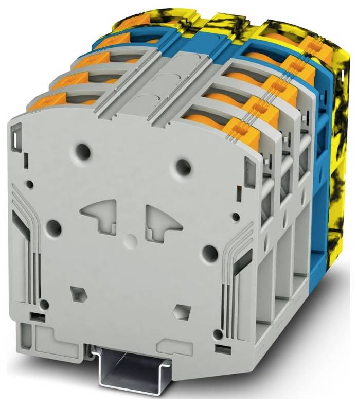 Un bloc terminal multi-étages avec des connexions en orange, bleu et jaune, utilisé pour l'organisation du câblage électrique.