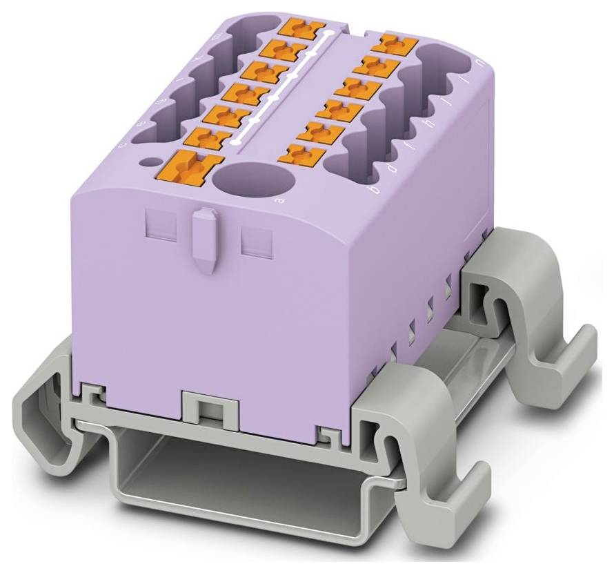 Un bloc de borne lavande avec plusieurs connecteurs à levier orange repose sur une base grise, utilisé pour connecter les fils électriques de manière sécurisée.