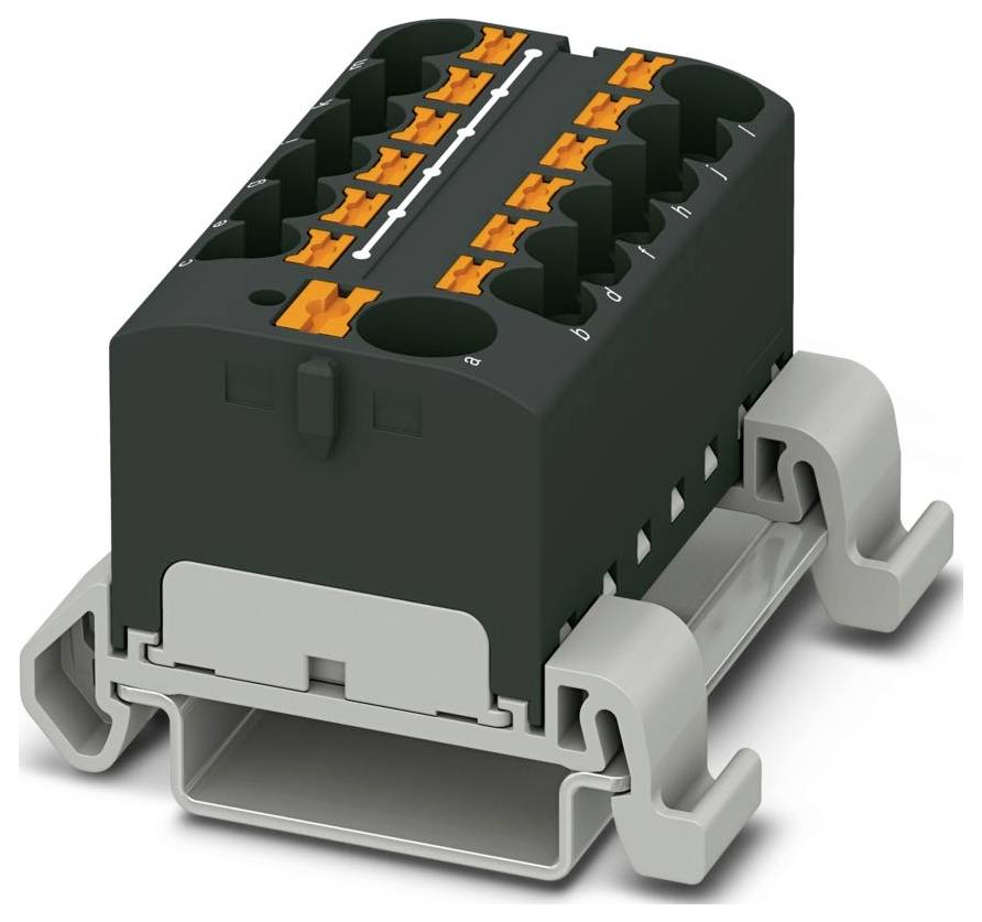 Un bloc de bornes noir et gris avec des leviers orange, utilisé pour connecter les fils électriques de manière sécurisée, monté sur un rail DIN.