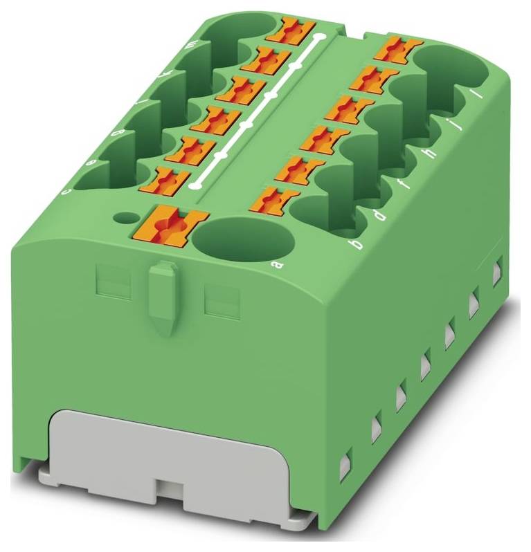 A green plastic electrical connector with multiple orange terminals for wire insertion, designed for organizing and securing connections.