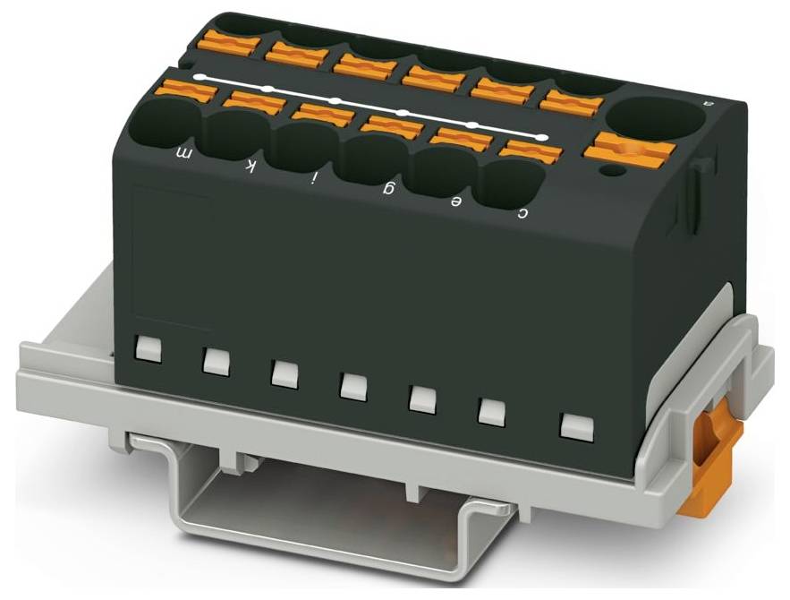 A black and orange electrical connector block with multiple slots, mounted on a grey base. Used for wiring connections in electrical setups.
