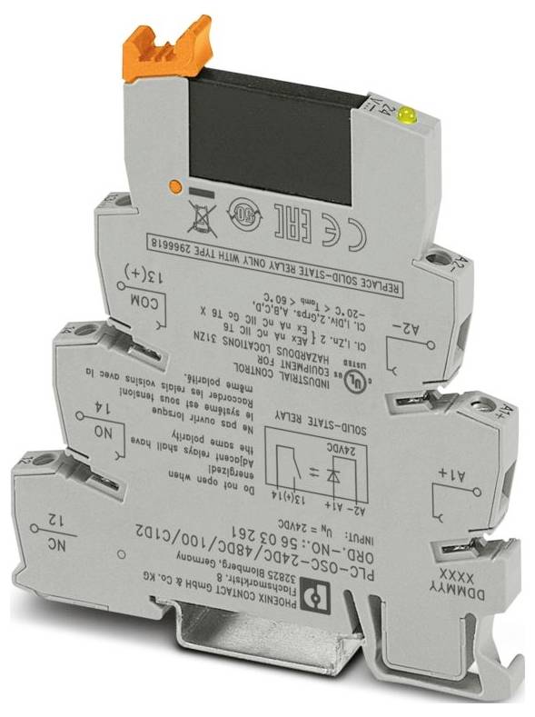 8-channel relay module with solid-state output, marked with specifications, model number, and a logo. Features an orange latch on top.